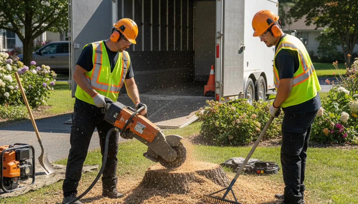 Stump removal service in Oshkosh, WI clearing a tree stump from a yard for safe, open space