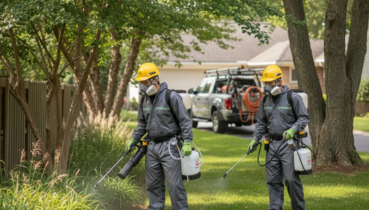 Tick control technician treating a yard in Oshkosh, WI to reduce tick risks near homes and wooded areas