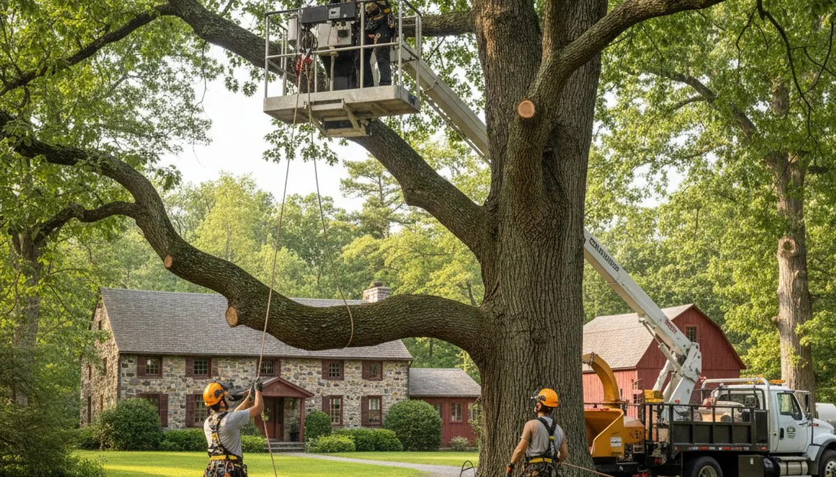 Tree service crew removing a tree in Oshkosh, WI for safe residential property clearance